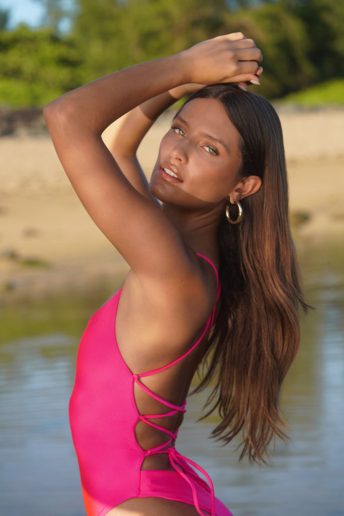 Malta - One-Piece Swimsuit with Open-Back Cutouts and Crisscross Ties Fuchsia